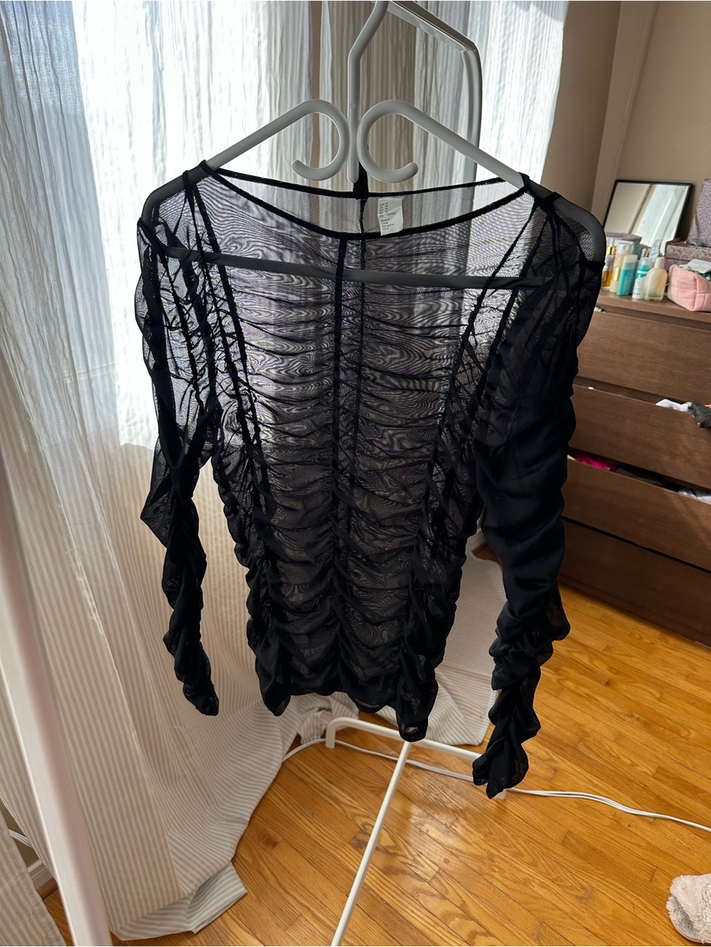 H&M Black Ruched Sheer Long-Sleeve Top
